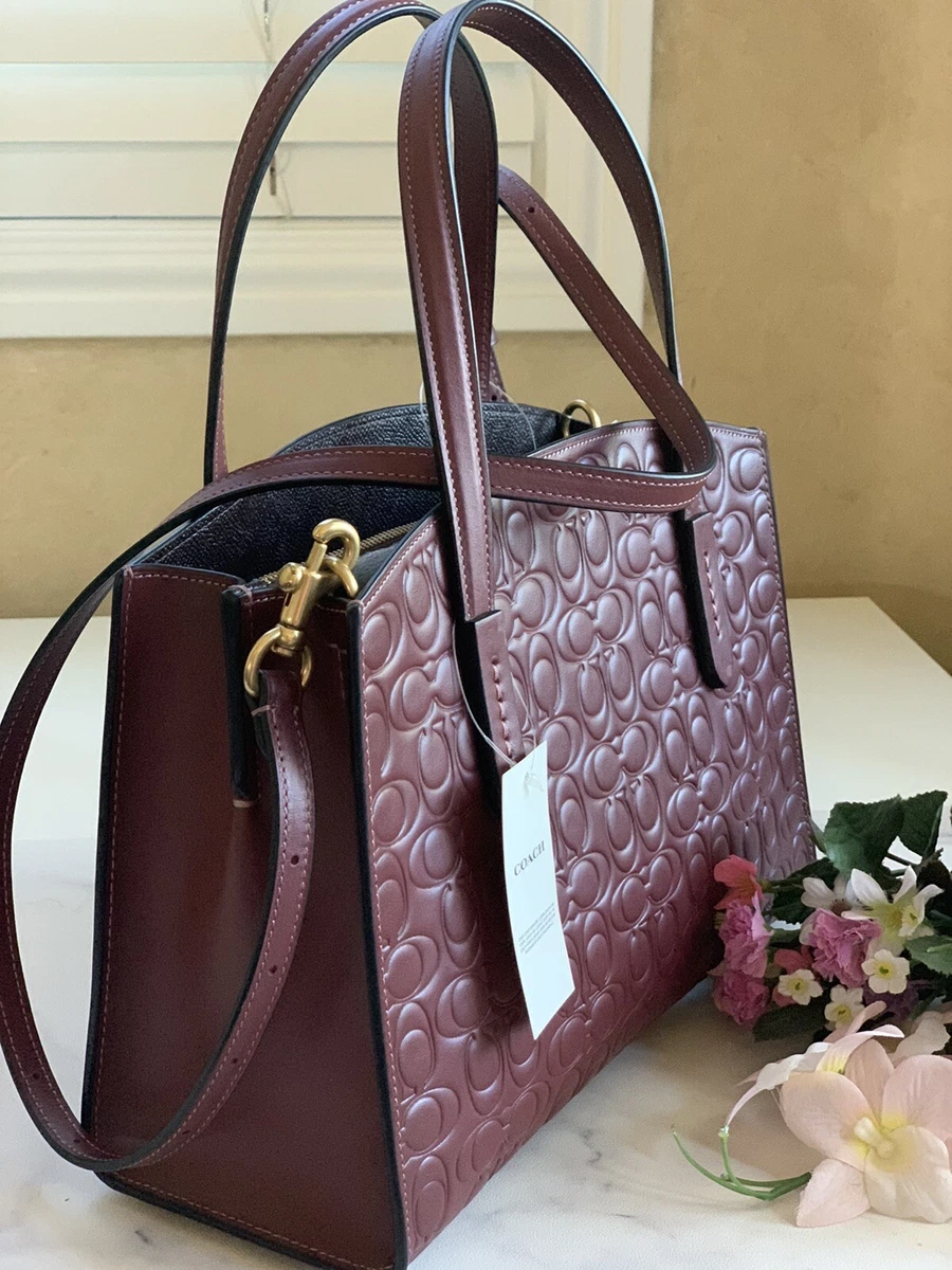 Coach Charlie Carryall 28 Signature Deboss Wine Satchel Handbag Cross New Auth