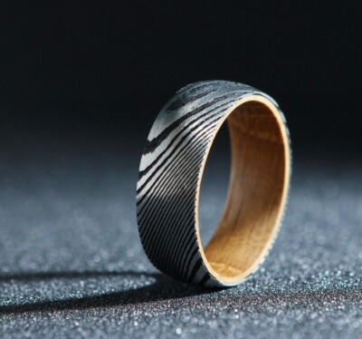Men's Silver Damascus Steel - Whiskey Barrel Inlay Size 7-13
