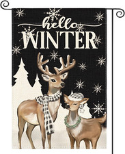 Hello Winter Reindeer Snowflake Garden Flag 12X18 Inch Double Sided Outside, Win