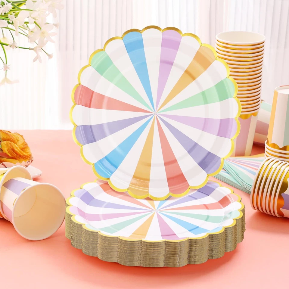 200 PIEZAS Pastel Suministros de Fiesta Platos de Papel y Servilletas Tazas Lámina Dorada Vieira... Foto 4 de 4