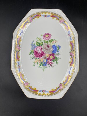 Tablett Geschirr Gestecktablett Mittelstück achteckig t Limoges DEPOS Blumen Gold