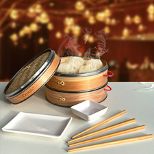 8 Inch Organic Dim Sum Bamboo Steamer with 2 Plates & 2 Pair Chopsticks
