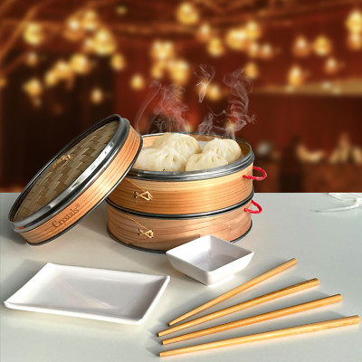 8 Zoll Bio Dim Sum Bambus Dampfgarer mit 2 Tellern & 2 Paar Essstäbchen