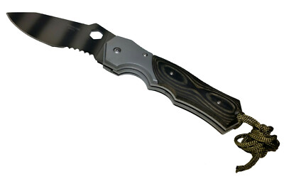 ULTIMATE ARMS GEAR LARGE FOLDING KNIFE WITH 1/3 SERRATED EDGE TIGER STRIPE BLADE
