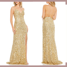 NEW Mac Duggal [ 2 ] V-Neck Sequin Strappy Back Column Gown in Gold #Q277
