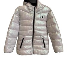 Under Armour YXL White Reflector Puffer Jacket Full Zip Pockets Hooded Winter
