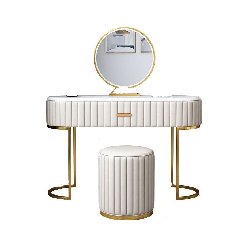 Coiffeuse de luxe : meuble en bois, miroir 30cm et pouf capitonné