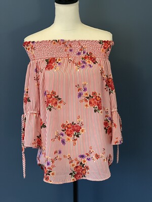 Moa moa Red Floral Striped Off The Shoulder Top Medium New Without Tags