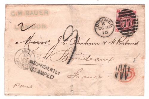 GB QV 3d Rose 1870 Cover *ZIG-ZAG* Erasure INSUFFICIENTLY STAMPED Bordeaux XD46 - Picture 11 of 15