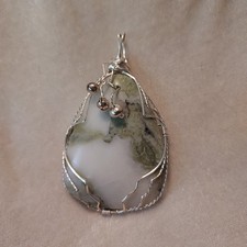 Jewelry pendant, wire wrapped white  green quartz silver/brass wire handmade.