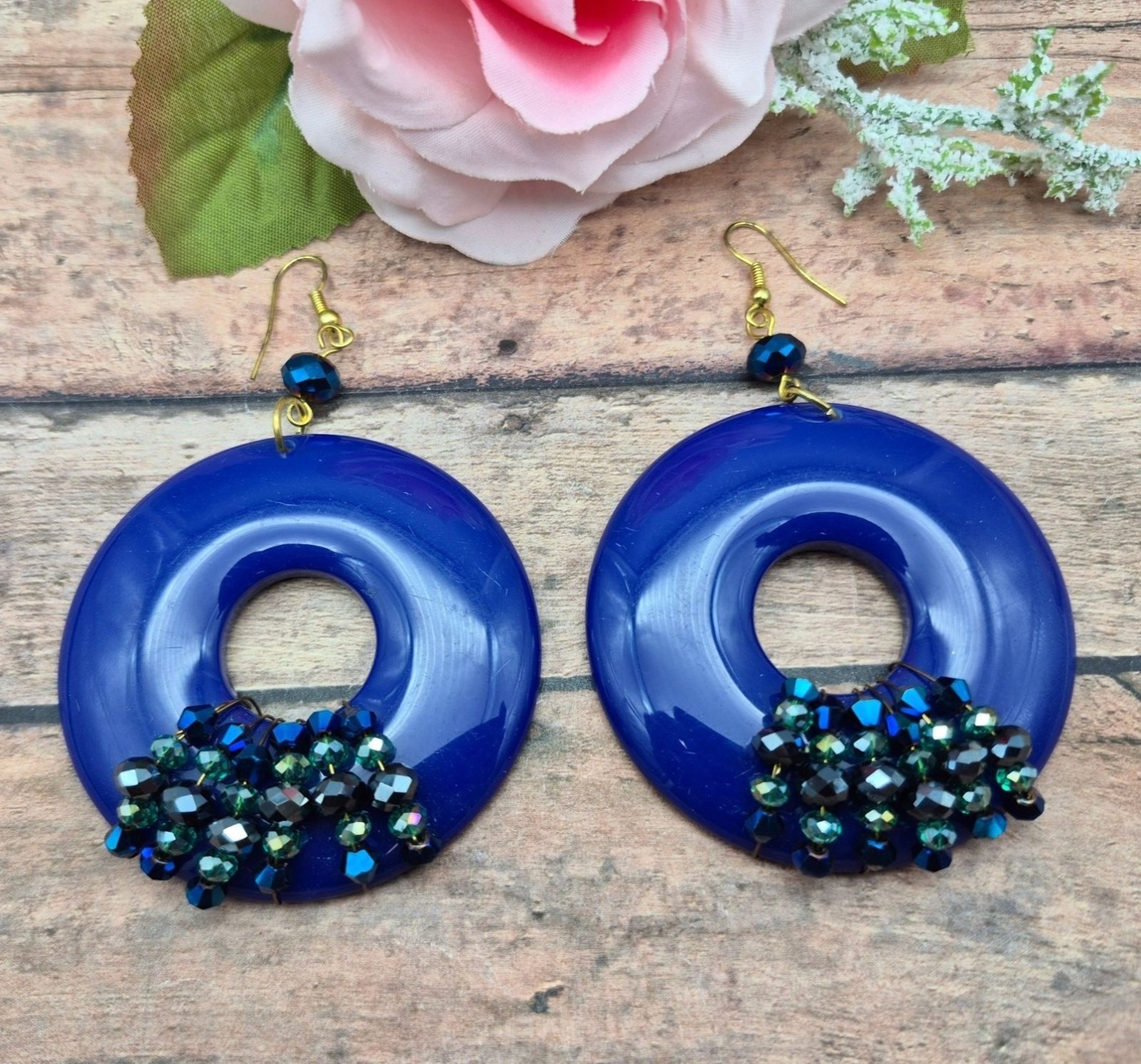 Large Dangle Statement Earrings Cobalt Blue Hoops… - image 1