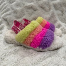 UGG Fluff Yeah Slide White Multi Rainbow Striped Women s Size 8 Sandals