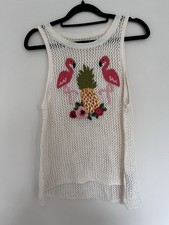 Cream Crochet Mesh Vest Top with Flamingo Embroidery – Size M
