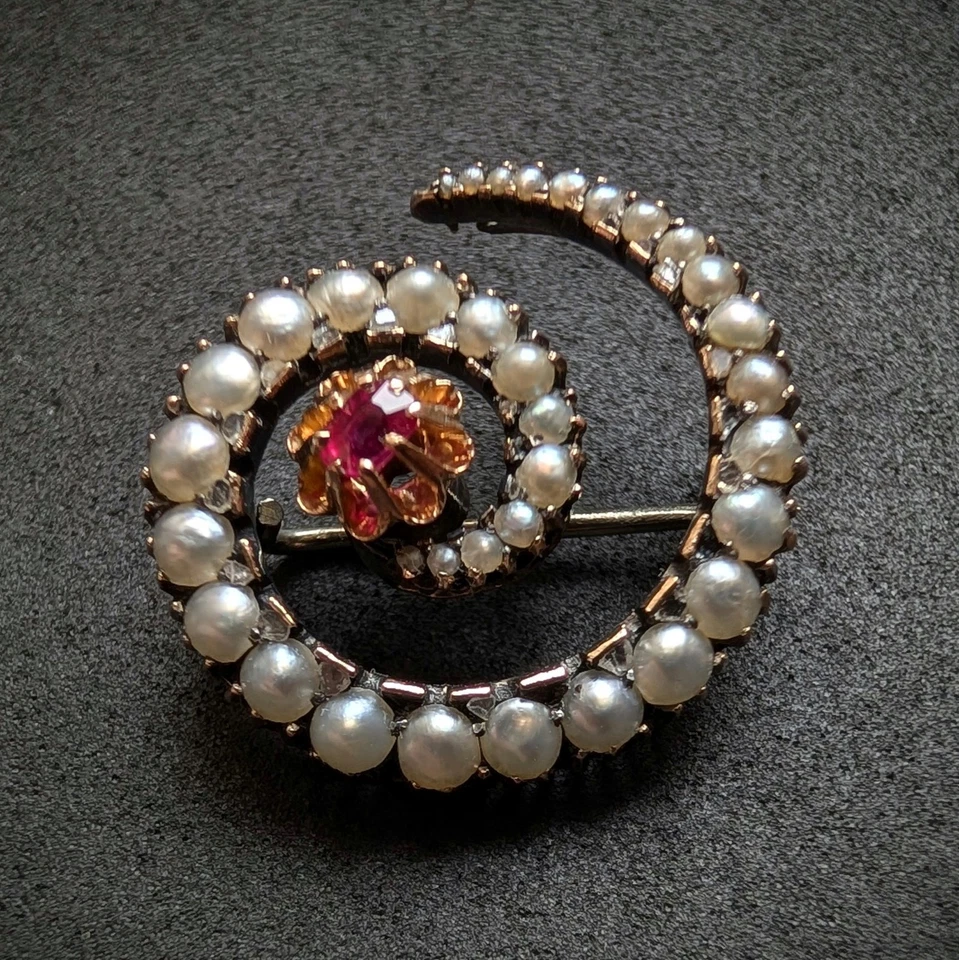 Victorian Brosche 18k 750 Gold Perle Rubin Diamant alt antik c. 1900 - Bild 2 von 4