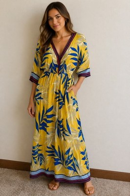 Flying Tomato Tropical Palm Print Maxi Dress Yellow Blue Boho Wrap V-Neck Small