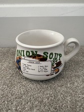 Vintage ceramic soup mug featuring a Onion Soup recipe.
