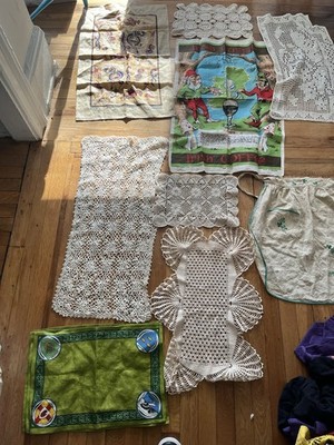 Vintage Irish Linen Handcrafted Textile Lot Tea Towel, Placemats, Apron, Doilies