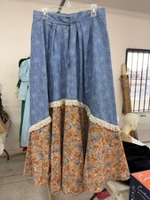 vintage blue and brown floral prairie skirt features a layered design Handmade