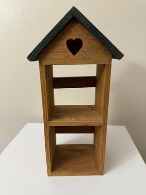 VTG Wood 2 Shelf Bird House Shaped Knick Knack Small Display Heart Cut Out 12.5 