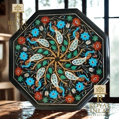 18'' Octagonal Marble Table top with fauna beautiful art   Handmade Geometric Art