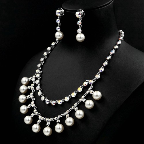Women Pearl Necklace Earrings Wedding Jewelry Set Made With Swarovski Crystal 32 - Picture 5 of 7