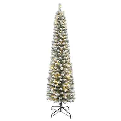6,5 Fuß vorbeleuchteter schmaler Weihnachtsbaum mit Schnee beflockt und Metallsockel Weihnachtsdeko grün