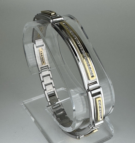 10k Yellow Gold + Diamonds Stainless Steel Bracelet 8" Snap-Lock Unisex 36.7g - Picture 2 of 13