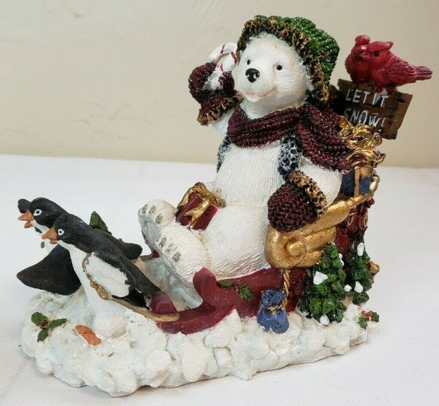 Polar Bear Figurine Let It Snow North Pole Penguin Pulling Sleigh