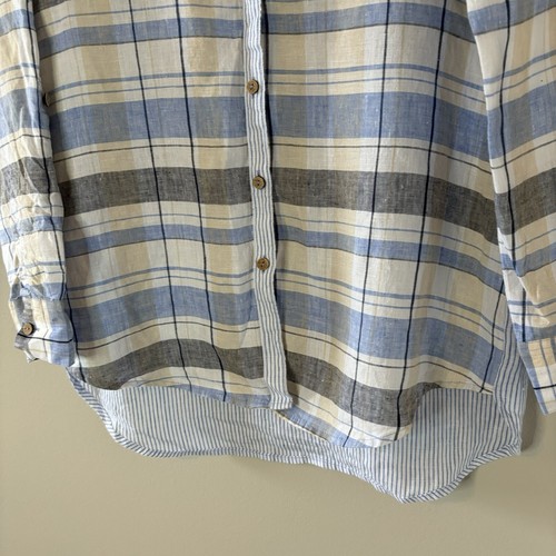 FoxCroft Linen Blue Plaid Stripe Button Up Shirt Long Sleeve Tunic Top Sz 8 - Picture 3 of 7