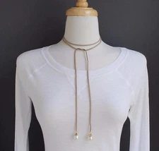 Brown choker wrap necklace faux suede 48" long tie bow choker skinny faux pearl
