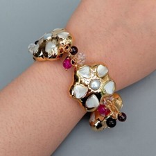 8" White Sea Shell Pearl Flower Garnet Agate Beaded Bracelet Women Jewelry Gift