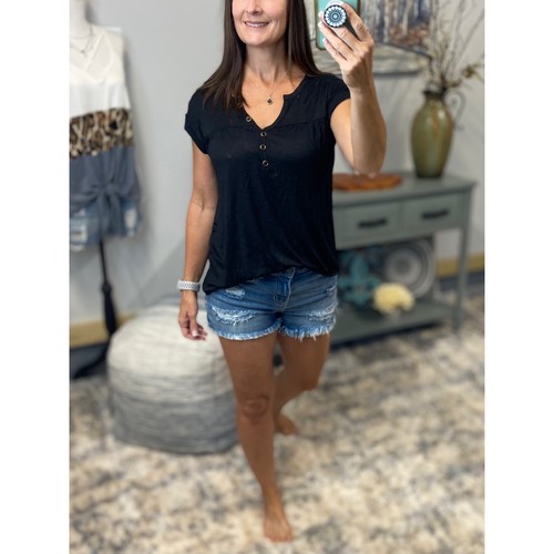 Sheer Top Womens Medium Black Burnout V Neck Henley V Neck Short Tab Sleeve - Picture 9 of 11