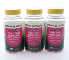 3-PK SPRING VALLEY Hair Skin & Nails 5000 Mcg Biotin - SOFTGELS - 120 ct Ea.