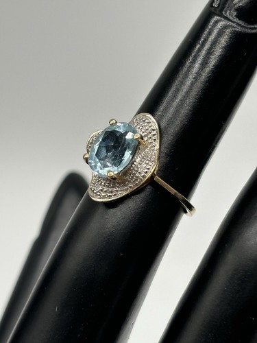 10k Yellow White Gold Ring Estate Blue Topaz Size 5 Vtg Estate Jewelry Ruffle - Picture 8 of 9