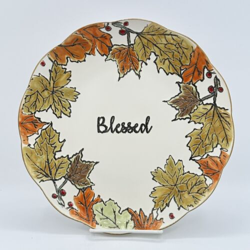 Two Spectrum Designs Dinner Plates Etched Blessed Fall Leaves 10.5 Inches 2018 - Picture 3 of 9