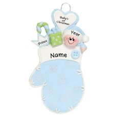 Personalized "BABY MITTEN (BLUE) BABY'S FIRST CHRISTMAS Tree Ornament