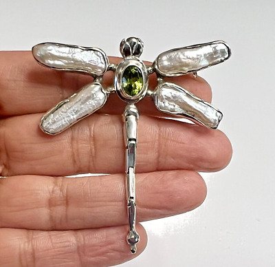 Dragonfly Biwa Pearl Green Peridot 925 Sterling Silver Pendant Pin Brooch