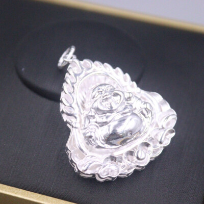 Echt 999 reines Silber Anhänger Damen Herren Flamme Glück Segen Buddha 1,57 ZollH /13g