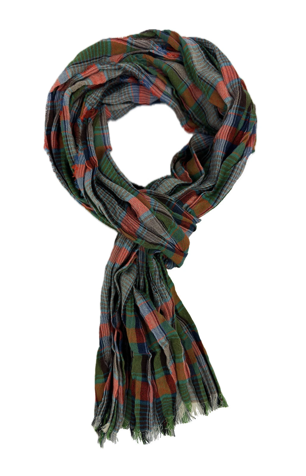 Cotton Scarf Summer Scarf Crinkle Look Check Pattern Green Orange Made in Germany