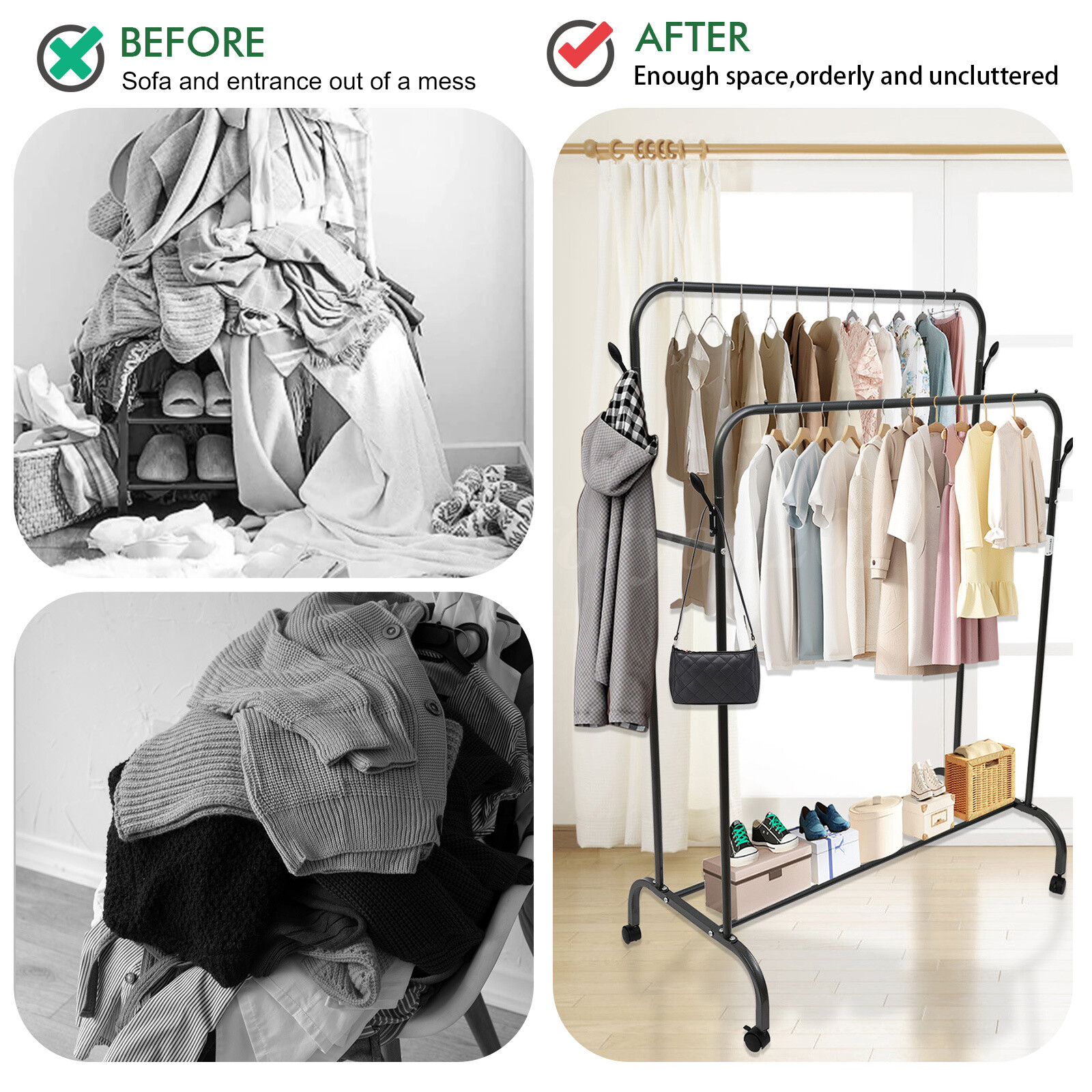 Heavy Duty Clothes Rack Closet Storage Shelf Garment Rack Clothing With Wheels