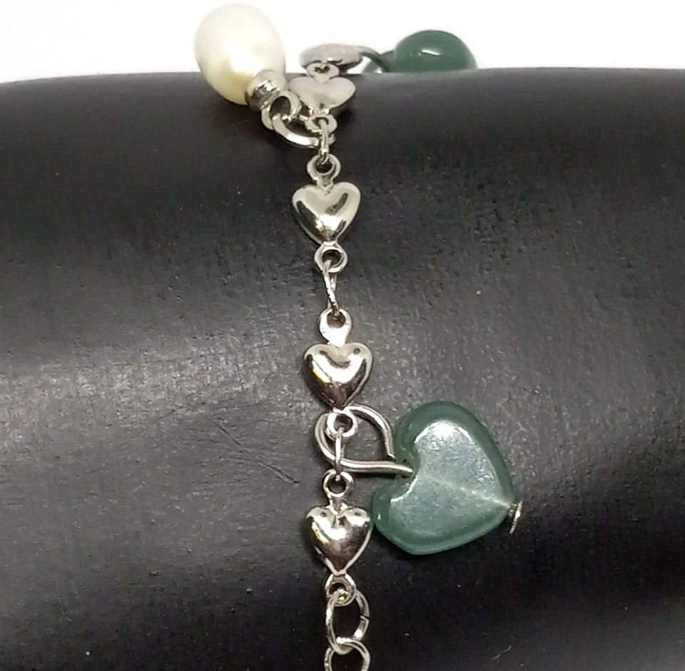 Pulsera Vintage Perla y Piedra Verde Corazón Dije Tono Plata Tamaño: 6.5 Pulgadas Foto 4 de 4