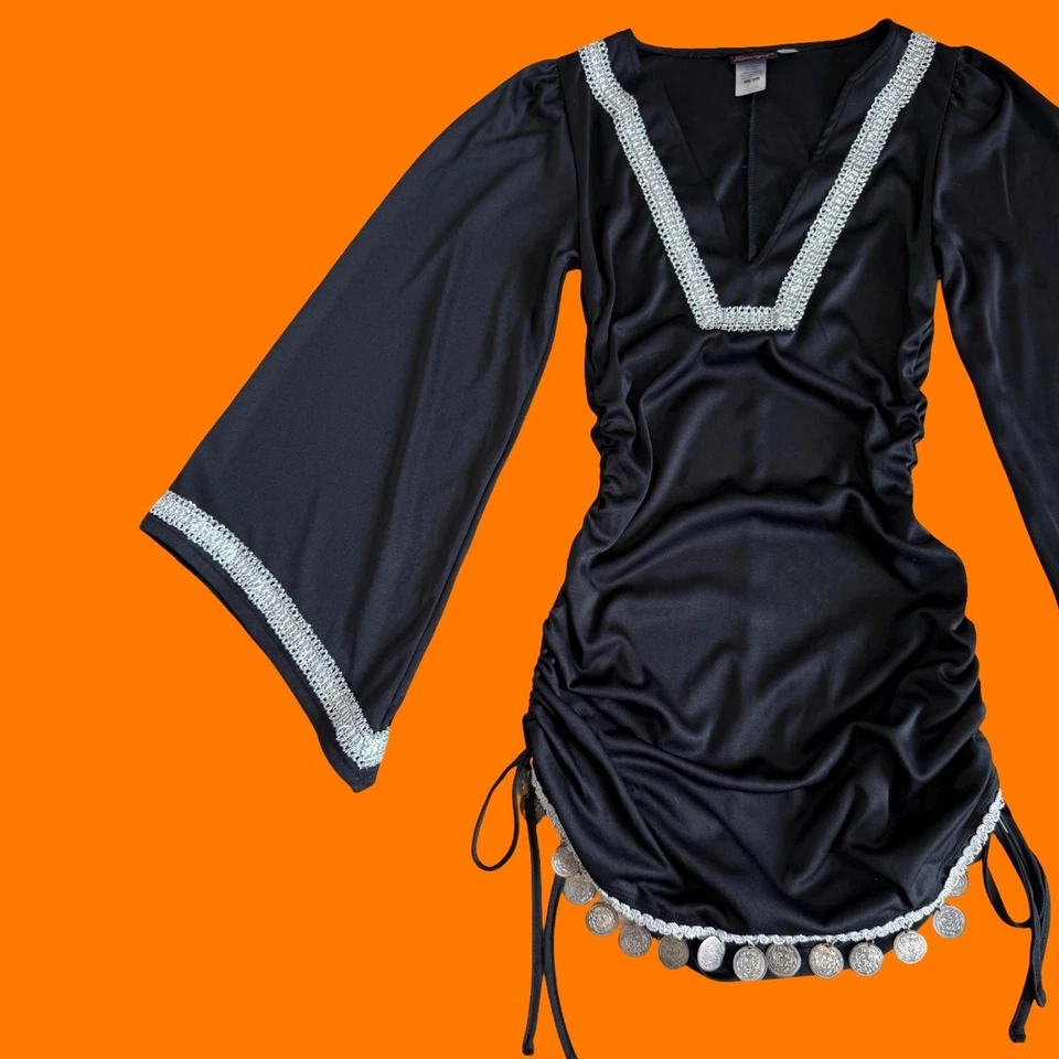 00's 复古黑色波西米亚喇叭袖 y2k 迷你礼服服装 小号 梦幻女孩 — 第 2/4 张图片