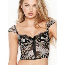 Victoria's Secret Floral Embroidered Mesh Corset Top Black Lace Bustier Crop B