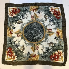 Jungle Safari Big Cheetah Tiger Floral Bandana Square Scarf 33 x 34 Hand Rolled