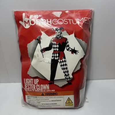 Morph Costumes Evil Jester Light Up Mask Scary Red Eye Clown Suit Halloween 2XL