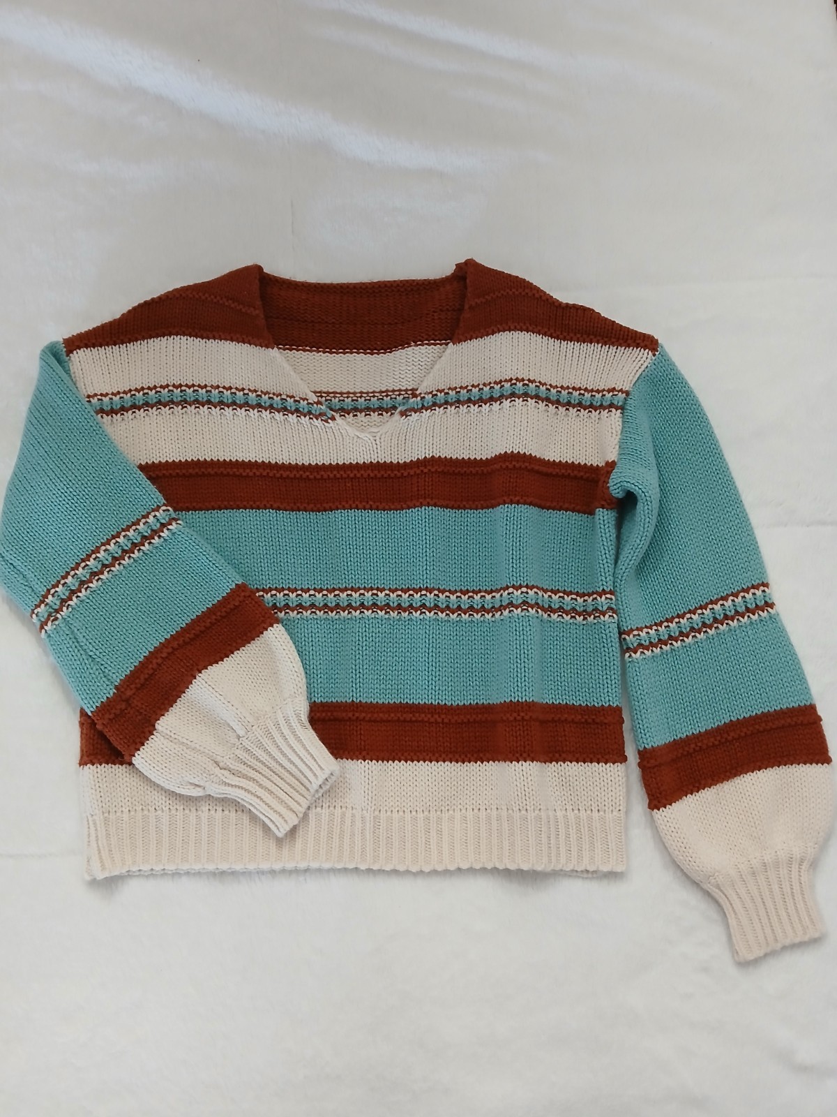 Womens Blue Brown Cream Striped Sweater XS Boho Cottage Cabin Prairie Preppy
