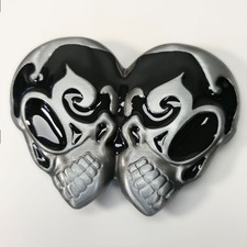Interlocking Double Skull Heart Black Enamel Belt Buckle Stamped P - NOS