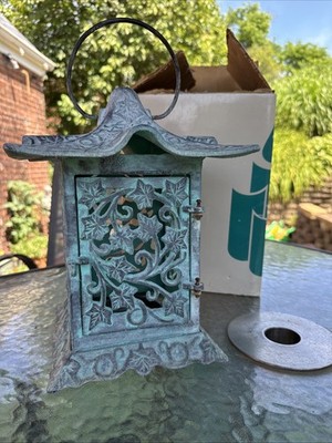 Vintage Partylite Pagoda Patina Green Ivy Garden Lantern Metal Candle Holder