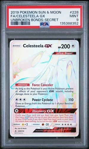 2019 POKEMON SUN & MOON UNBROKEN BONDS SECRET #228 FULL ART/CELESTEELA GX PSA 9