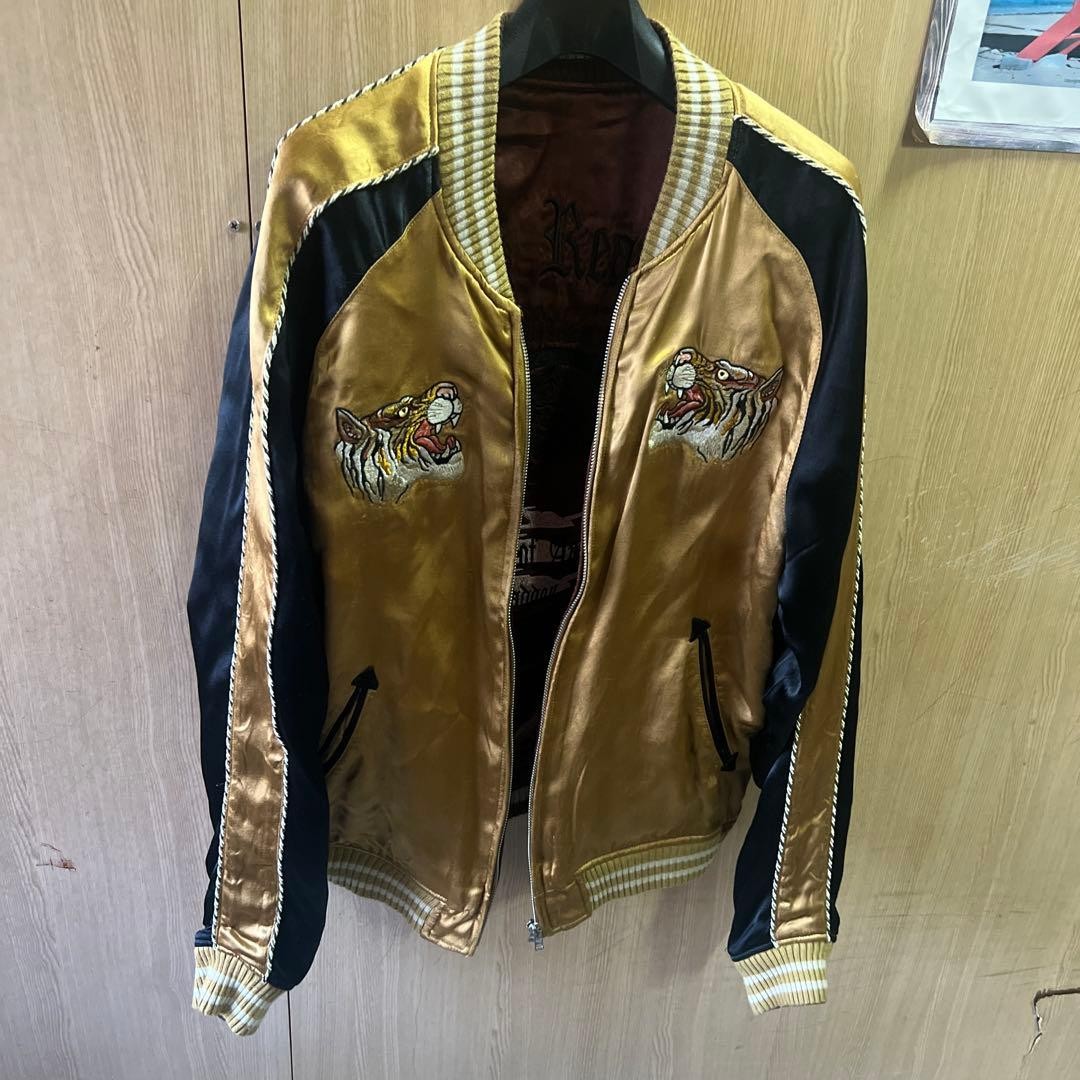 Tiger Embroidery Satin Jacket Gold/Black L Reversible with Red Lining